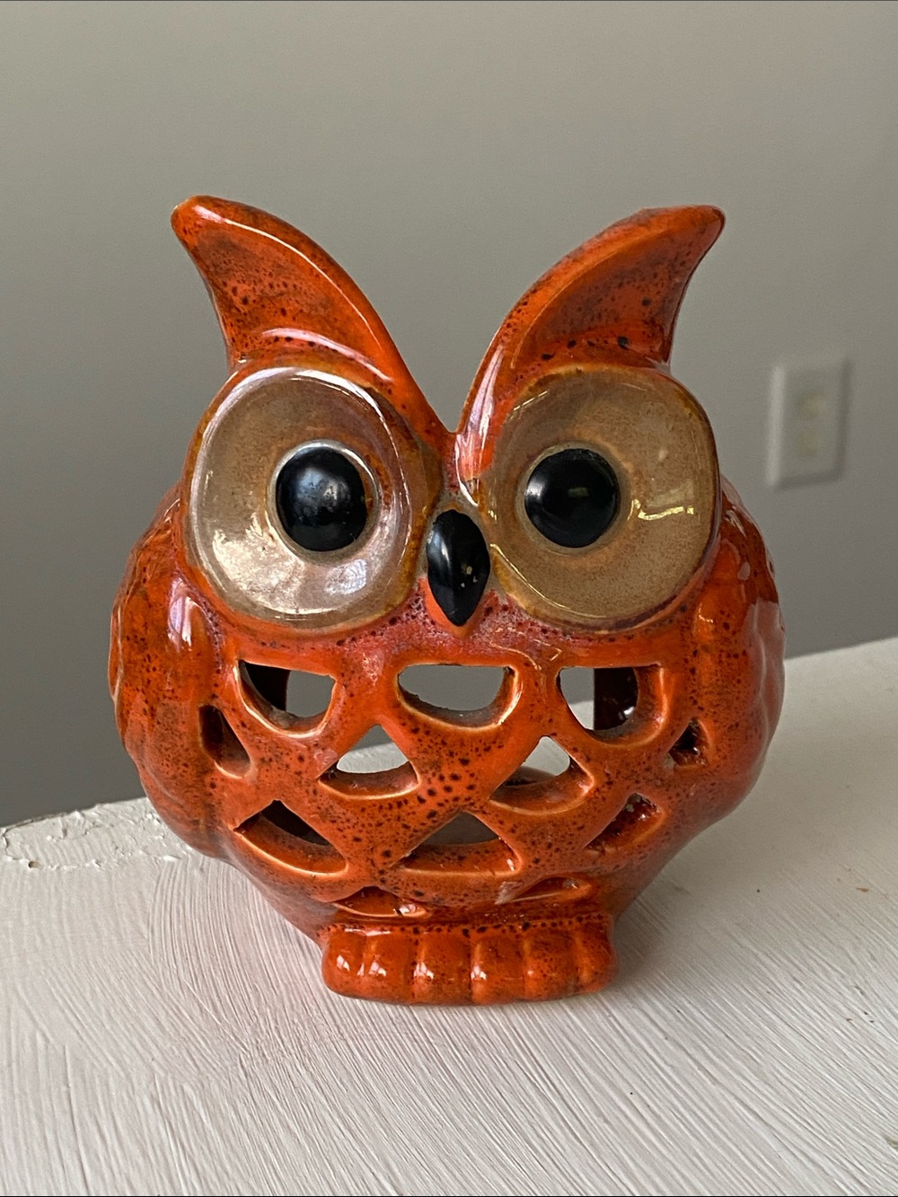 Orange Ceramic Owl Accent Figurine Tea Light Candle Holder Fall Autumn 4x4"